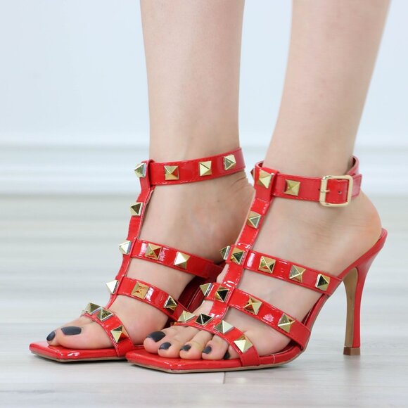 Red Patent Leather Ankle Strap High Heels Sandals Square toe and Gold Studs - Picture 12 of 14
